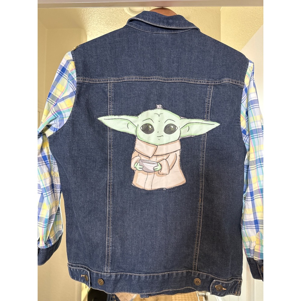 Custom Denim Jacket XL | Upcycled Star Wars Baby Yoda Plaid Sleeve Jacket‎ Boho